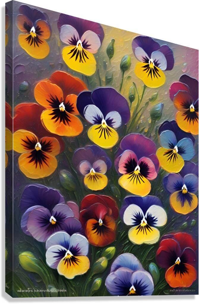Vibrant pansy-style flower canvas print with purple, yellow, orange, and red blooms