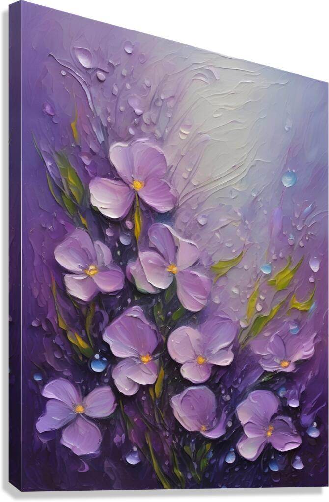 Purple textured floral wall art print with 3D petal shapes and raindrop accents