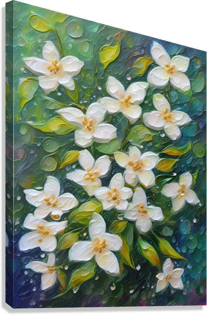 Textured floral canvas print with white flowers and green leaves on dark teal background