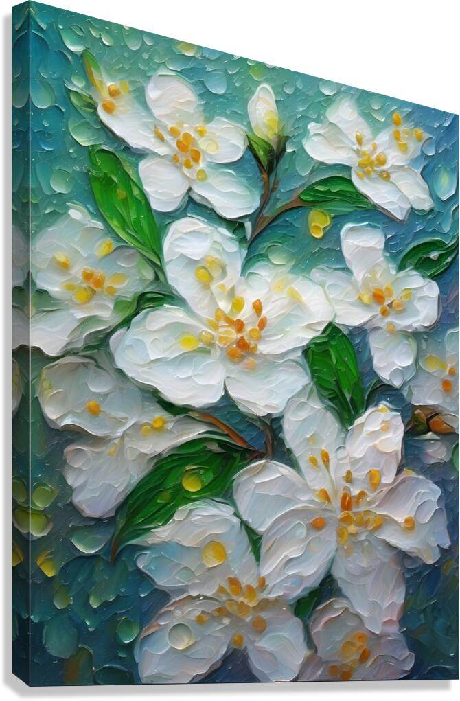 Textured floral wall art canvas with white blossoms, green leaves, and teal blue tones