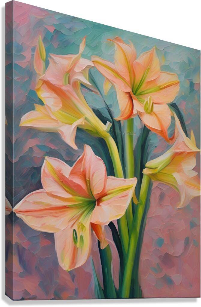 Impressionist lily floral stretched canvas print, peach and yellow blooms with green stems