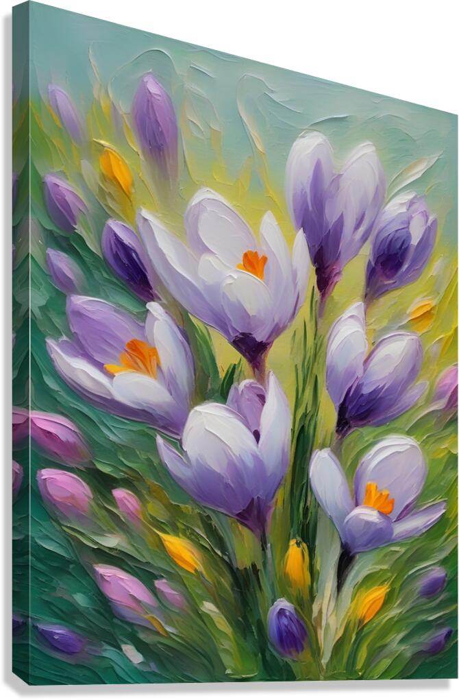 Purple and white spring flowers on a teal background, textured painted canvas print.