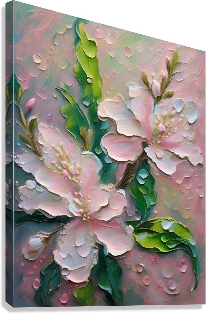 Textured floral wall art: pink blossoms, green leaves, raised 3D petals