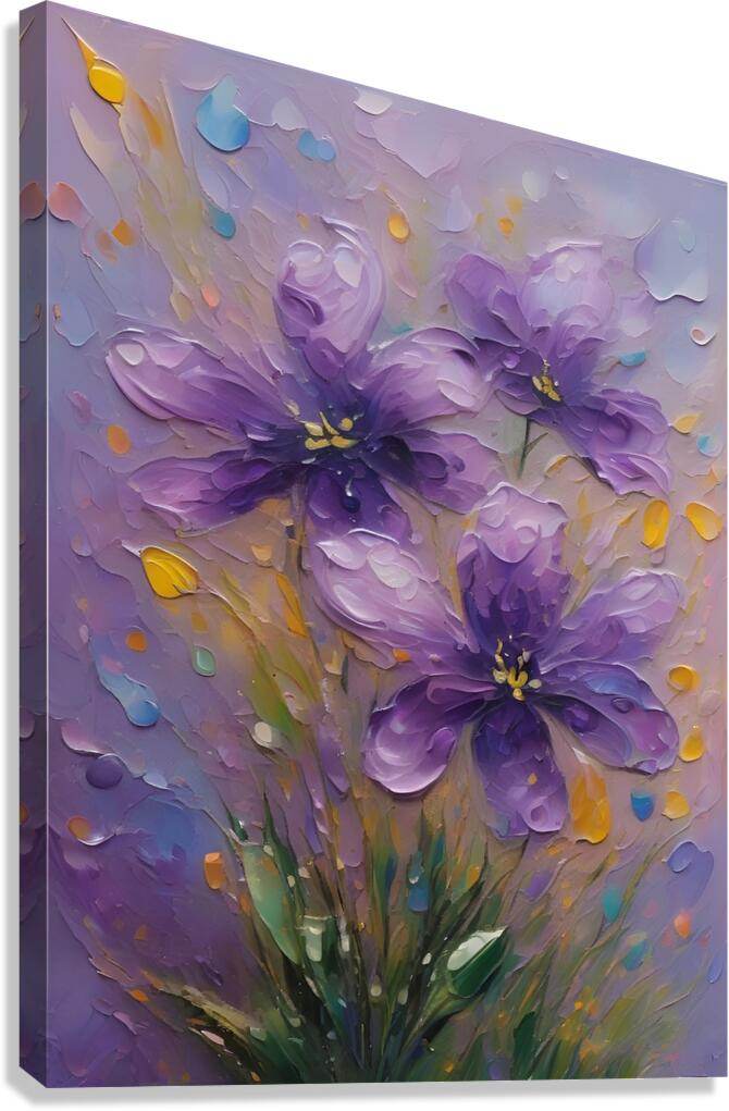 Textured floral wall art with purple and violet blooms, layered petals, and scattered yellow dots