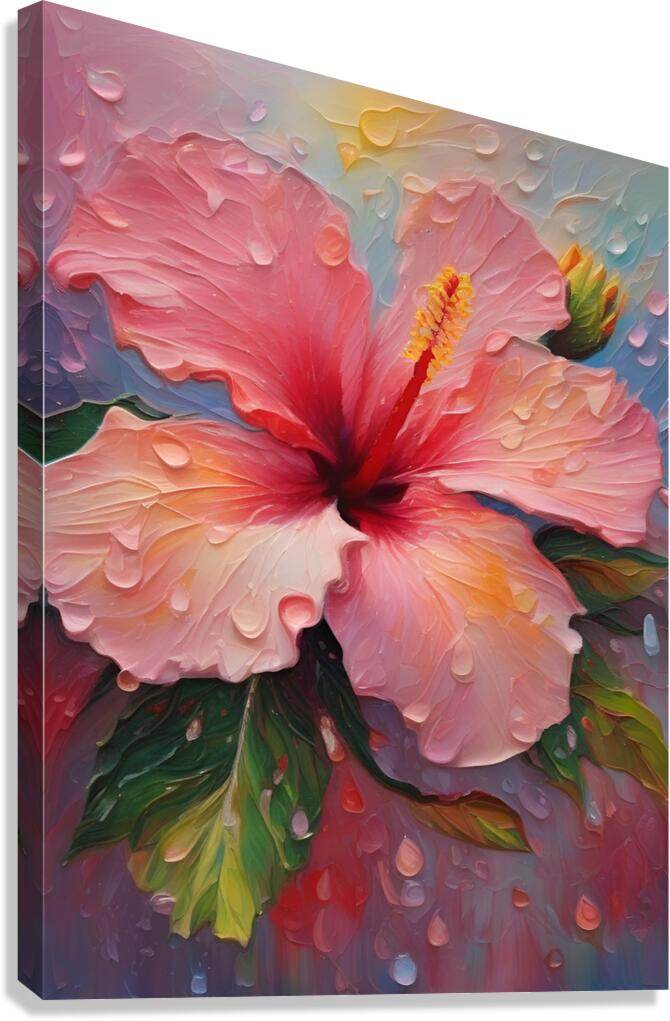 Textured floral art canvas print with pink hibiscus and green leaves, raindrop details.