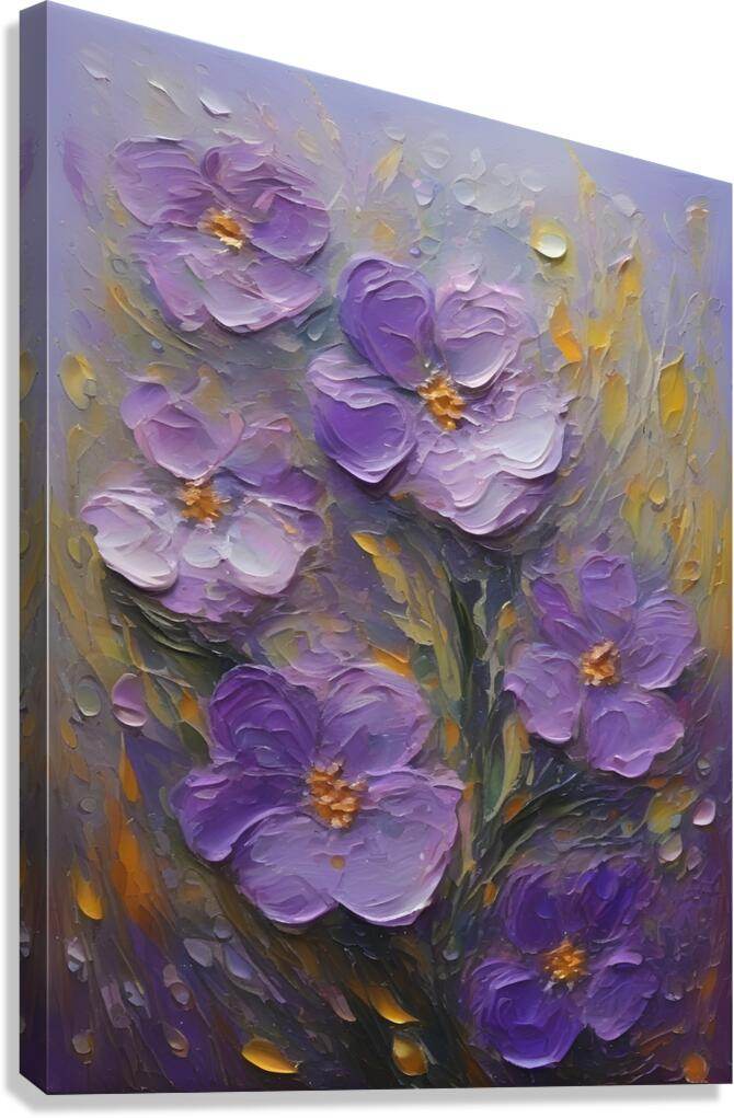 Purple textured floral wall art with layered blossoms and golden highlights