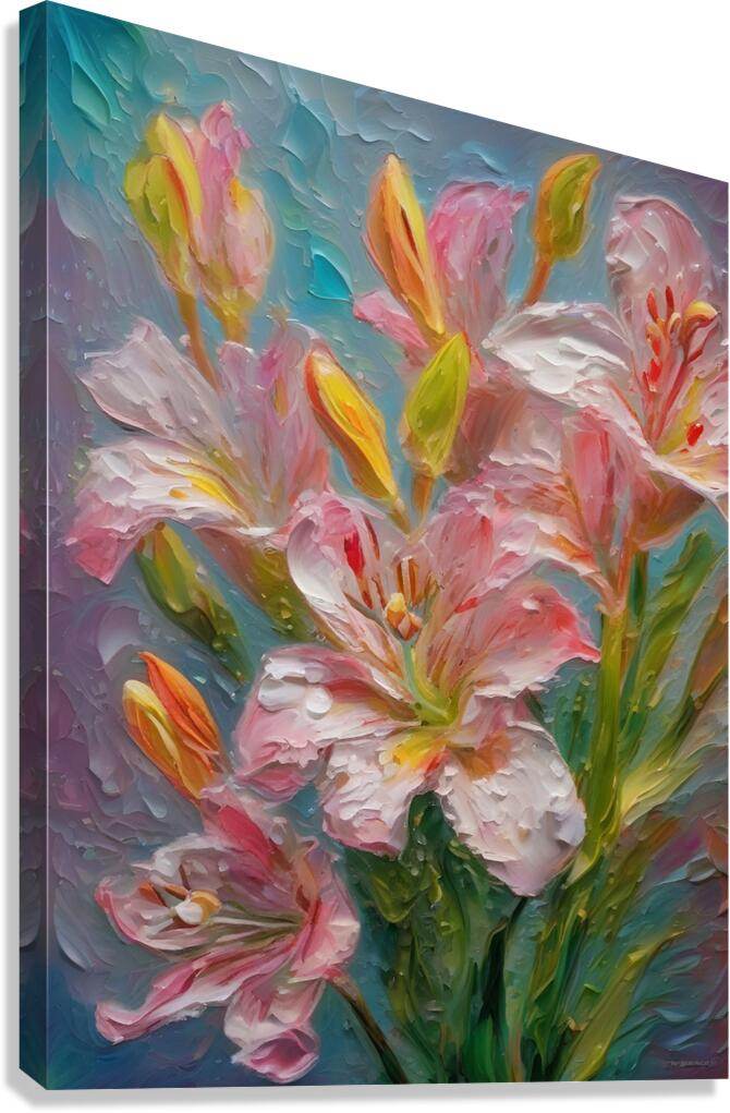 Impressionist floral canvas print with layered pink and white blossoms on teal background