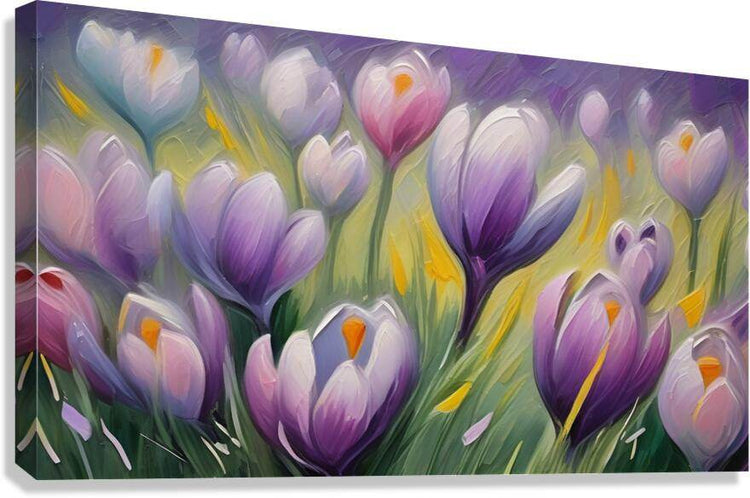 Impressionist tulip floral canvas print with purple, lavender and white blooms
