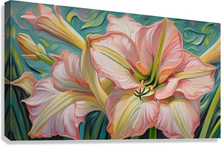 Floral wall art: large pink lily blossom on teal-green background with yellow accents