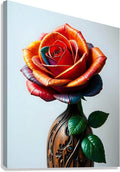 Colorful rose wall art print with red-orange petals, blue accents, and green leaves