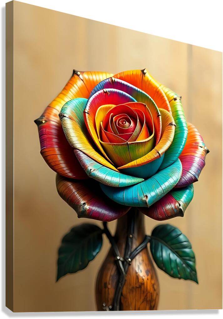 Metallic rainbow rose wall art print with layered petals and green leaves