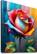Colorful stained-glass rose artwork with large petals and green leaves on a geometric panel background
