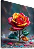 Close-up rose print with glossy yellow, red, and pink petals and green leaves