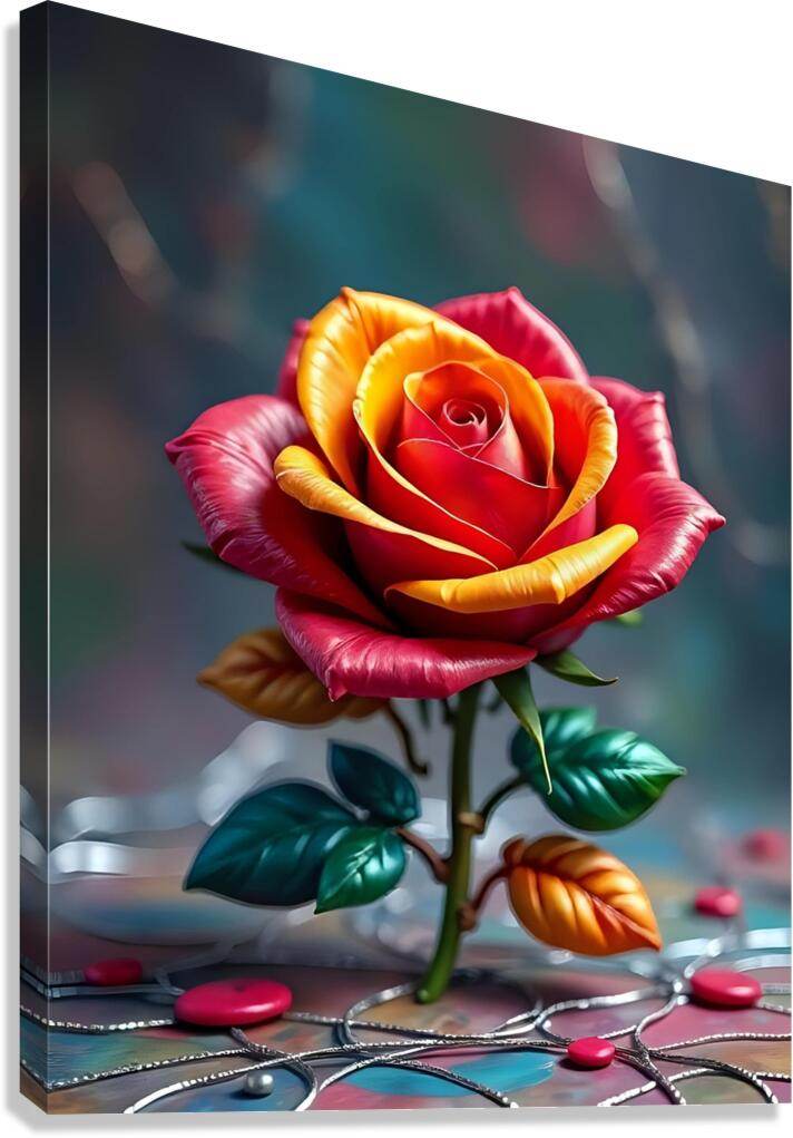 Close-up rose print with glossy yellow, red, and pink petals and green leaves