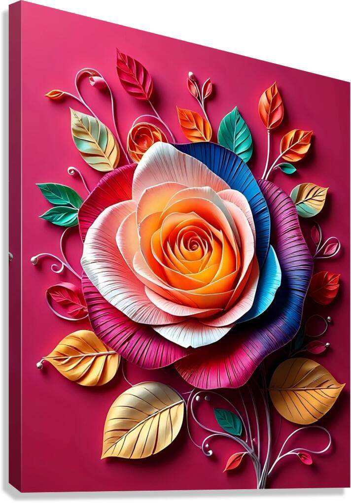 Dimensional paper-quilled rose canvas with multicolor curled petals and leaves
