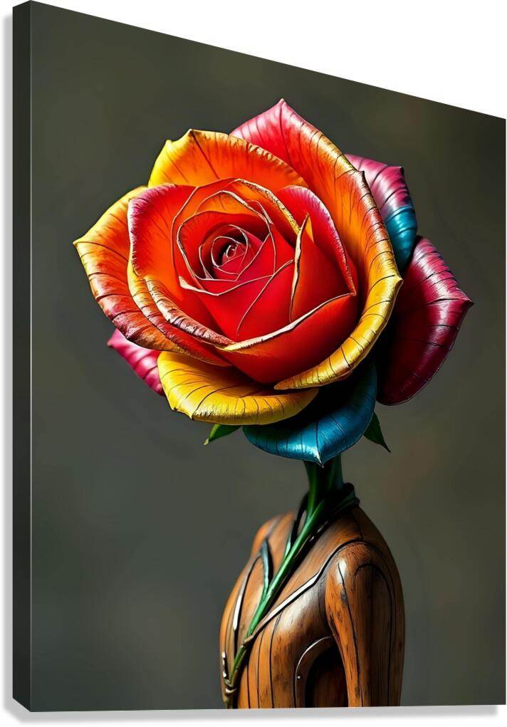 Colorful metallic rose art print with red center petals and rainbow-edged bloom on dark background