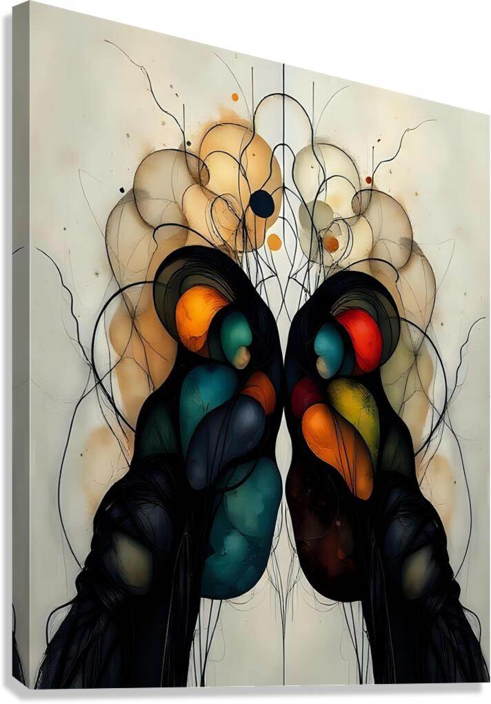 Abstract symmetrical art print with black figures, colorful ovals, and thin line accents