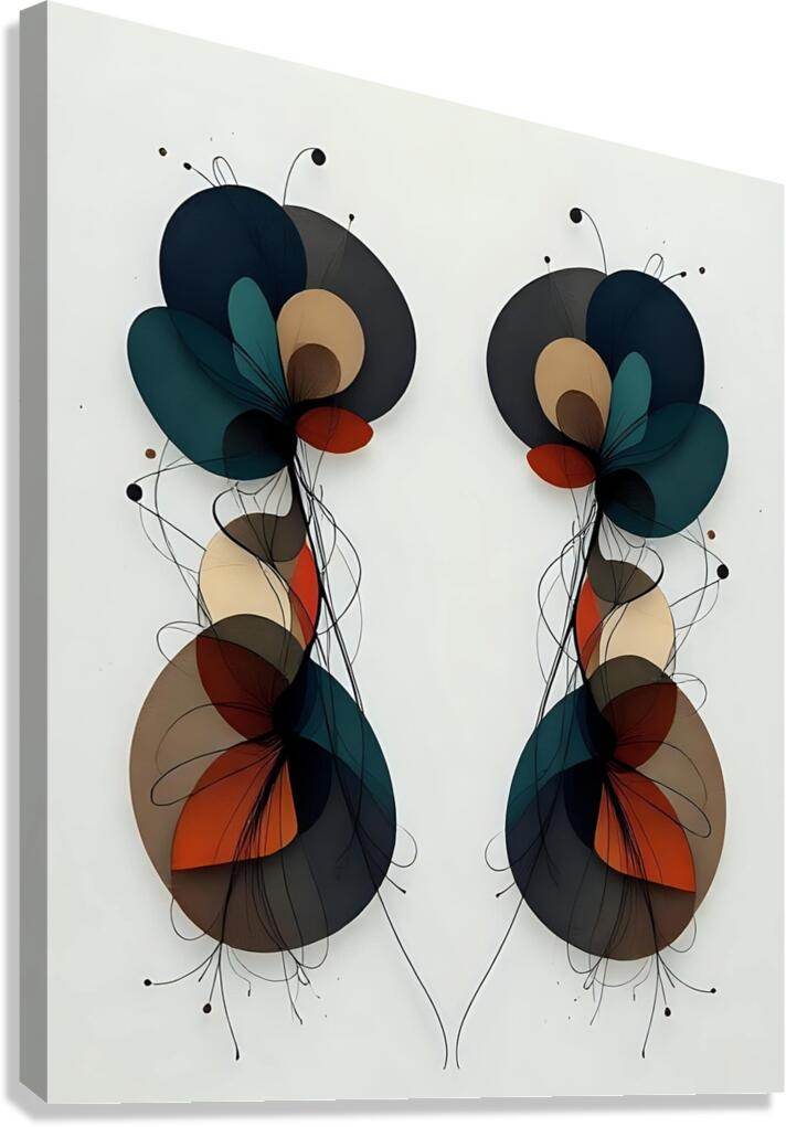 Abstract symmetrical wall art with layered navy, teal, beige, and orange petal shapes