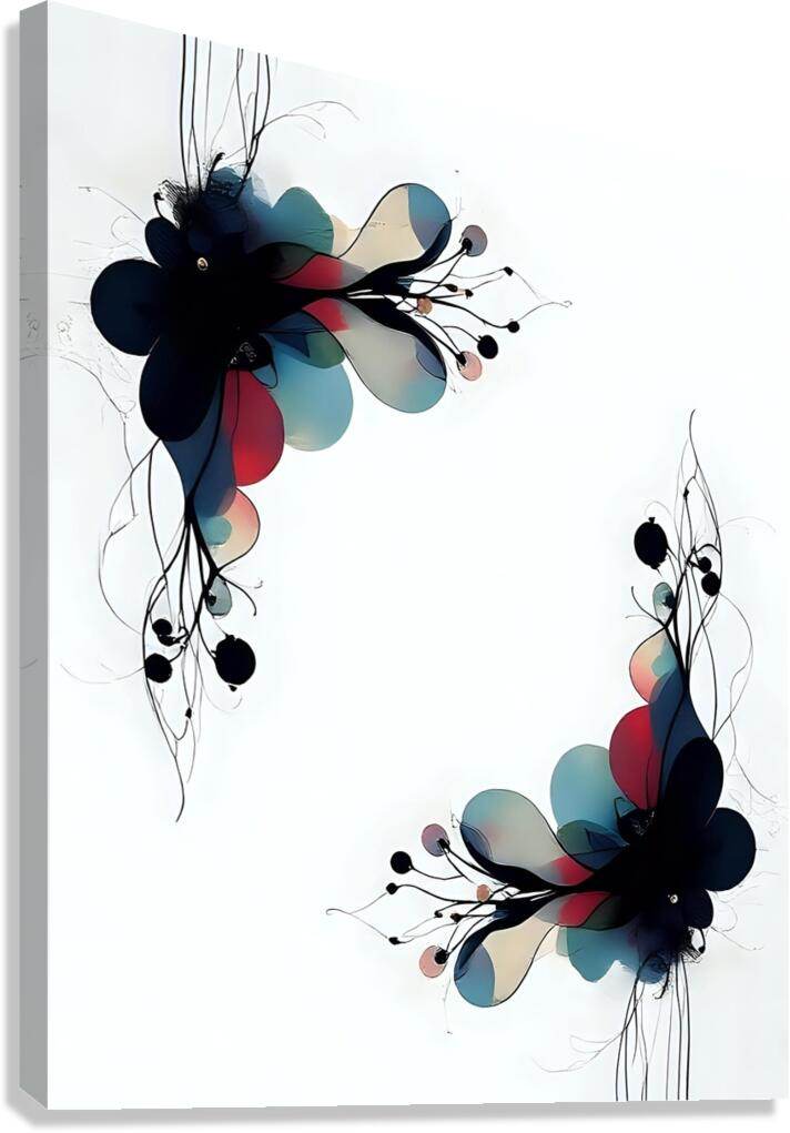 Abstract floral wall art print with black blossoms, teal and red petals on light background.