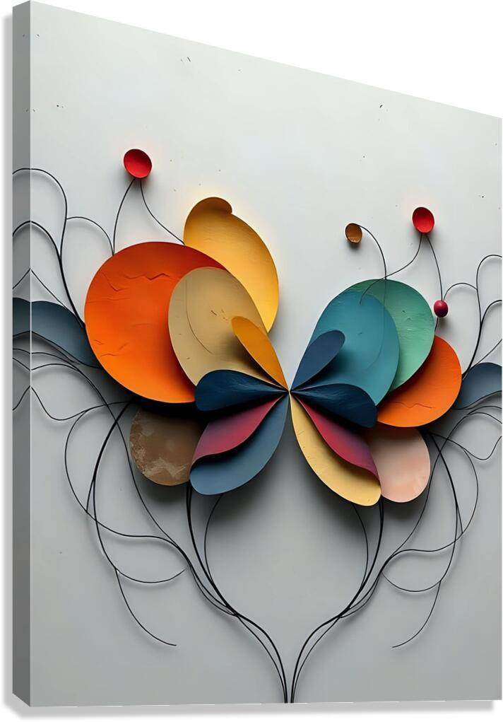 Dimensional abstract floral wall art: red, orange, blue petals with black vine wires on light canvas