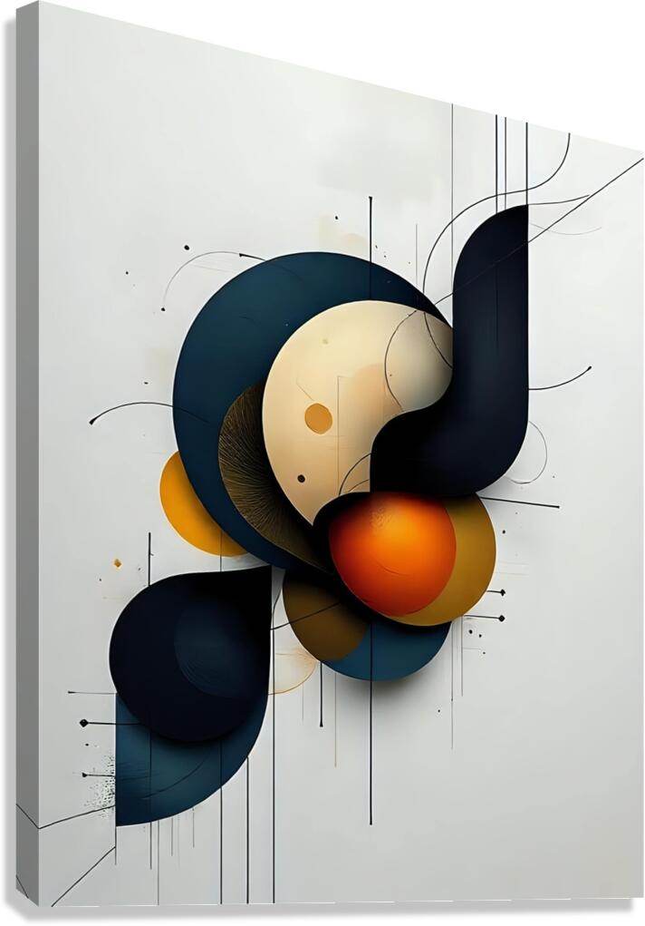 Abstract geometric wall art with dark navy curves, cream oval, and orange sphere on light background