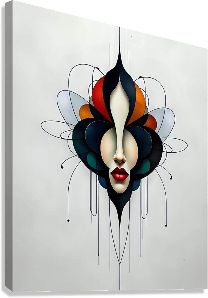 Surreal portrait wall art print with a pale face, dark blue petals, red lips, and orange accents