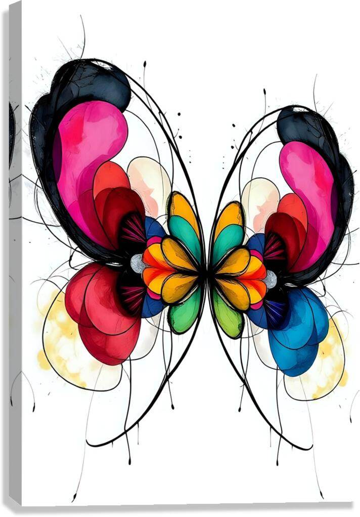 Abstract butterfly canvas print with pink, red, blue wings and dark ink outlines.