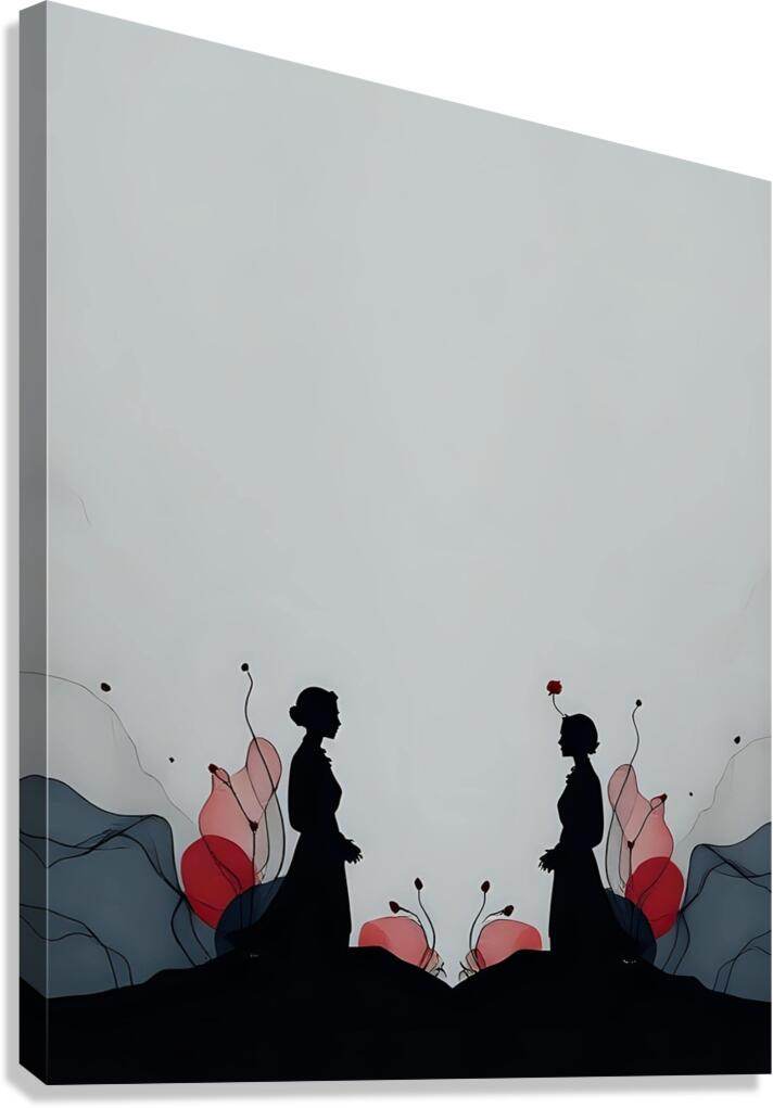 Square minimalist art print with two black silhouettes and red flower accents on light blue ground