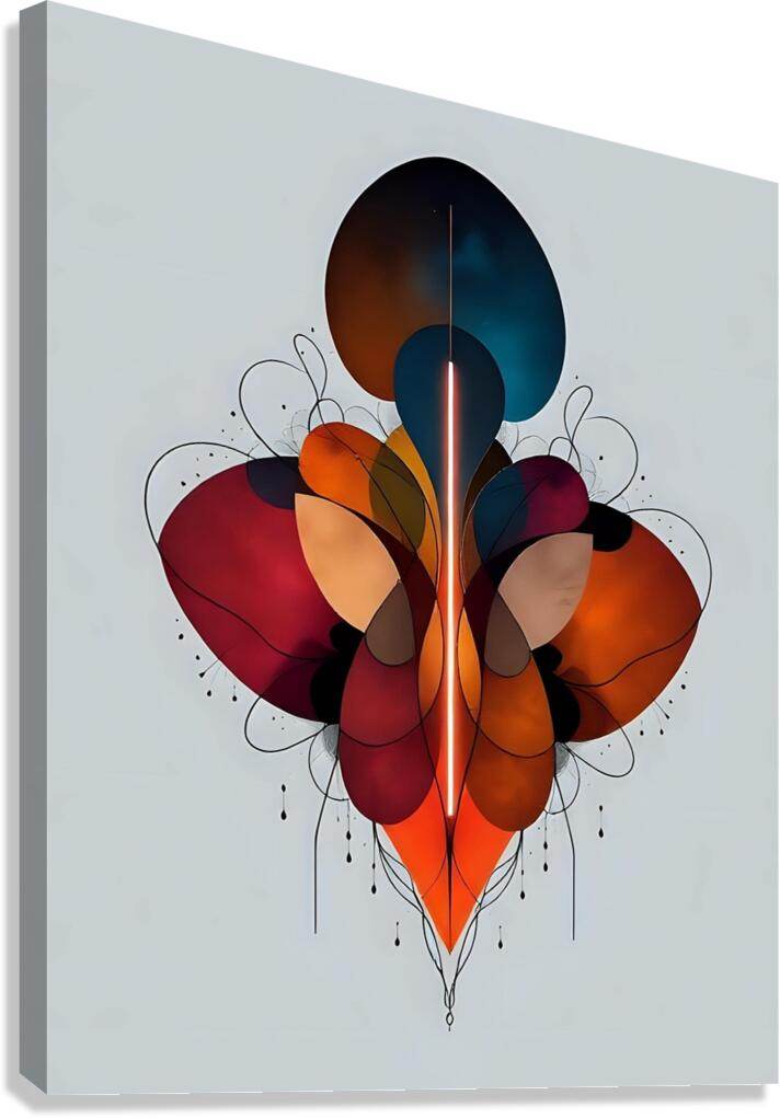 Abstract floral wall art, blue-orange-red petals with vertical glowing line