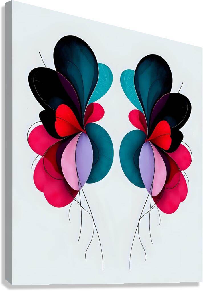 Symmetrical floral wall art print with two mirrored bouquets, teal and red layered petals