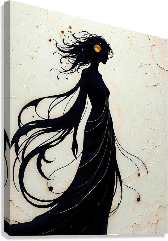 Framed silhouette woman wall art with flowing black hair on light beige textured background