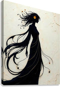 Framed silhouette woman wall art with flowing black hair on light beige textured background