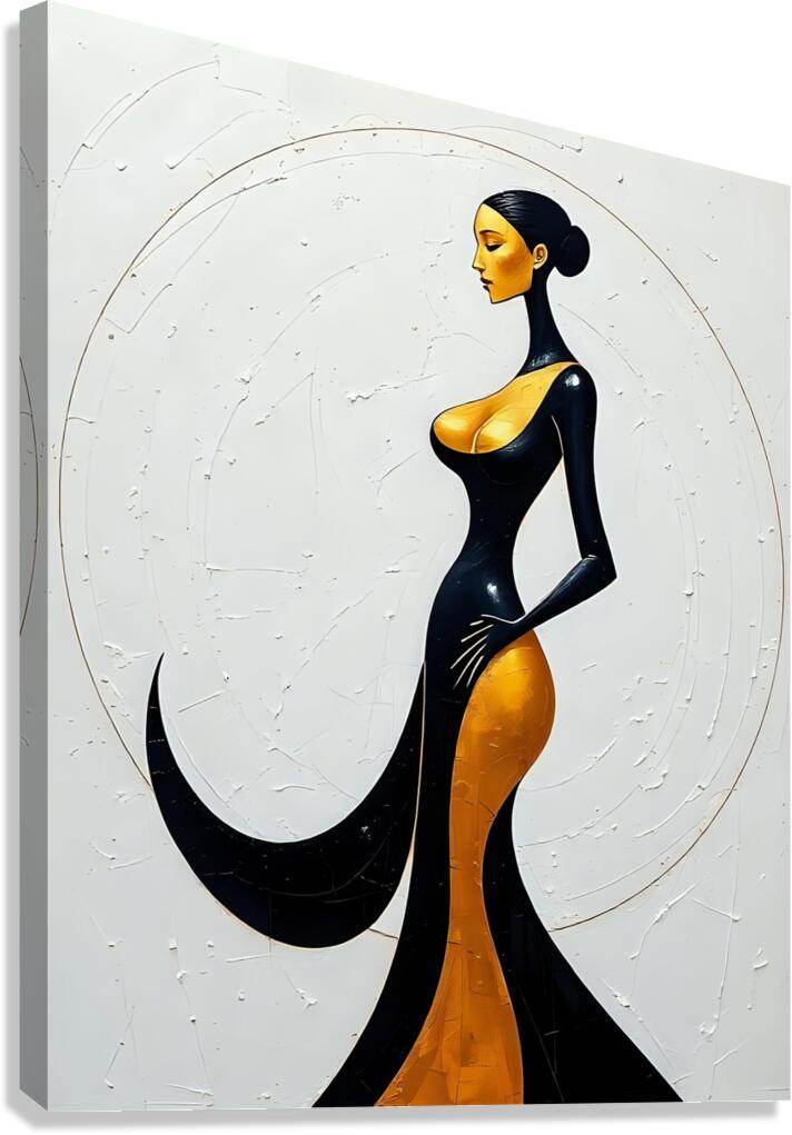 Stylized woman wall art print in black and gold dress, facing left with abstract halo