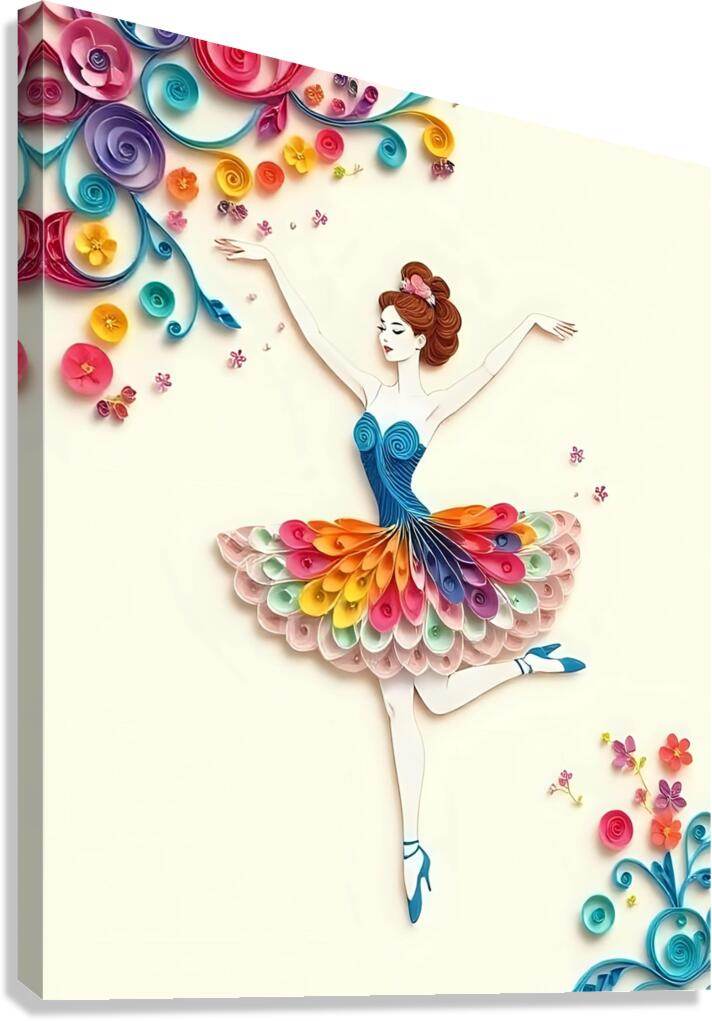 Quilled paper ballerina canvas art with blue tutu and colorful curled paper flowers