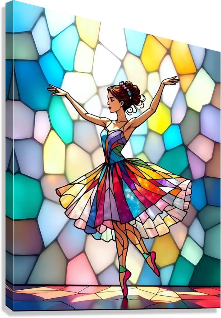 Ballerina art print with colorful tutu and arms out, in front of geometric cubes