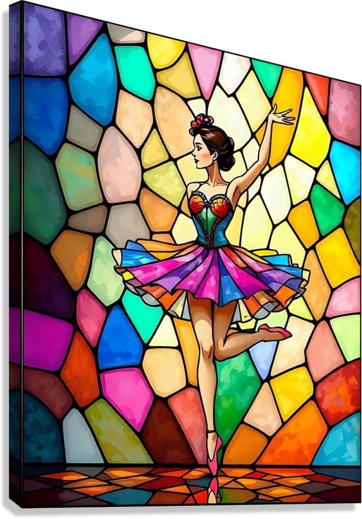 Framed canvas art of a ballerina in colorful stained-glass mosaic style.