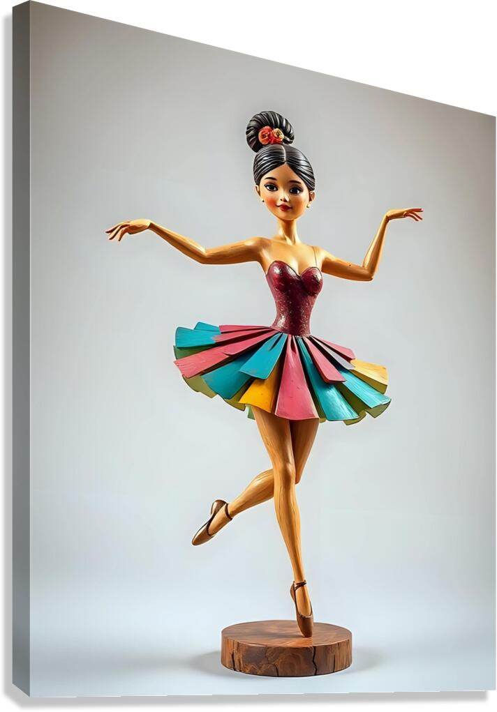 Canvas ballerina print: maroon leotard, multicolor tutu, standing on wood base.