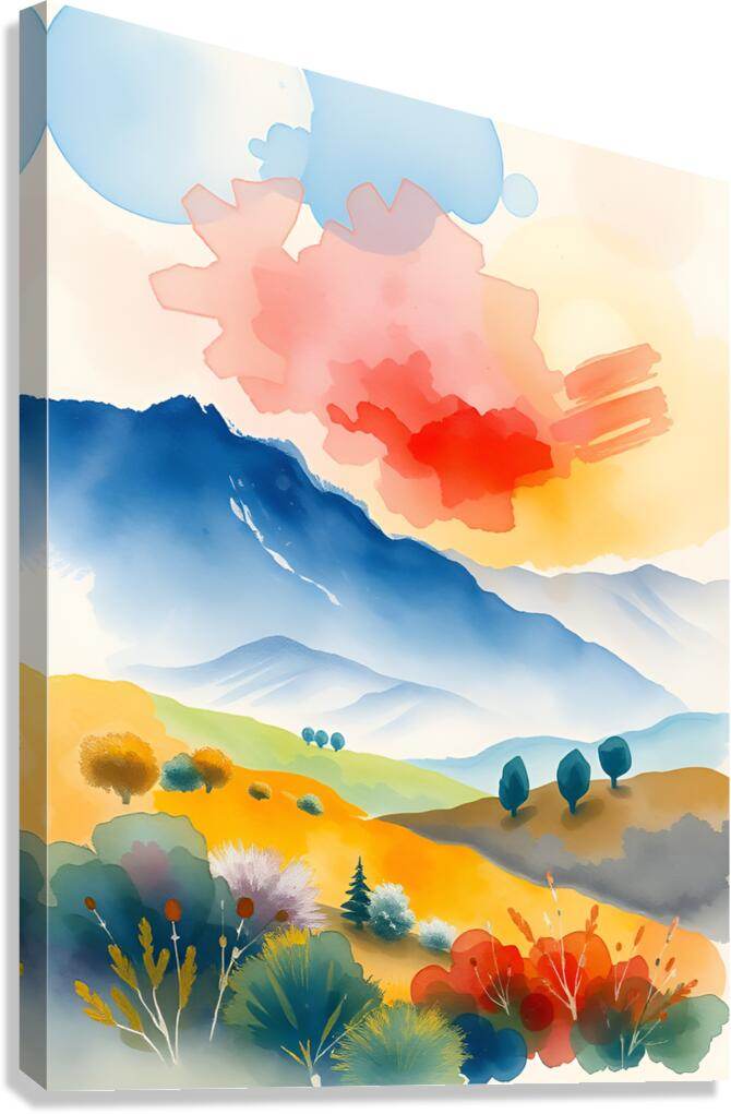 Watercolor landscape canvas print with blue mountains and orange-red sky clouds