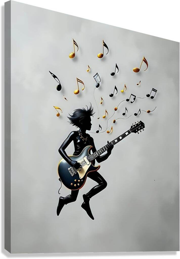 Stretched canvas wall art with black guitarist silhouette and gold musical notes