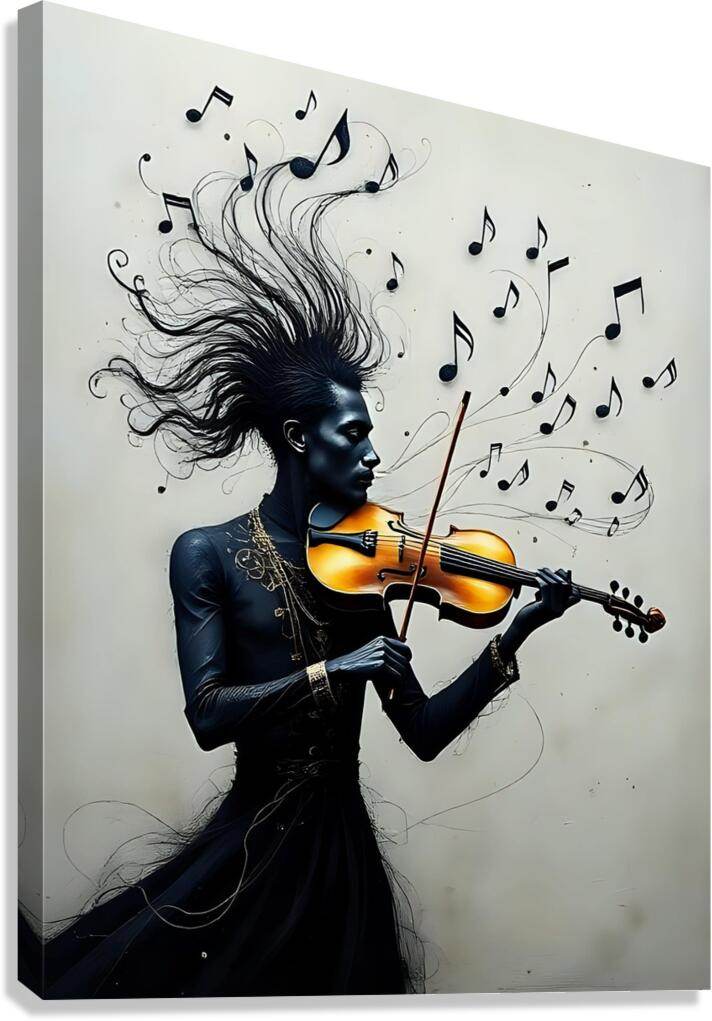 Violinist woman stretched canvas wall art with black dress, orange violin, music notes