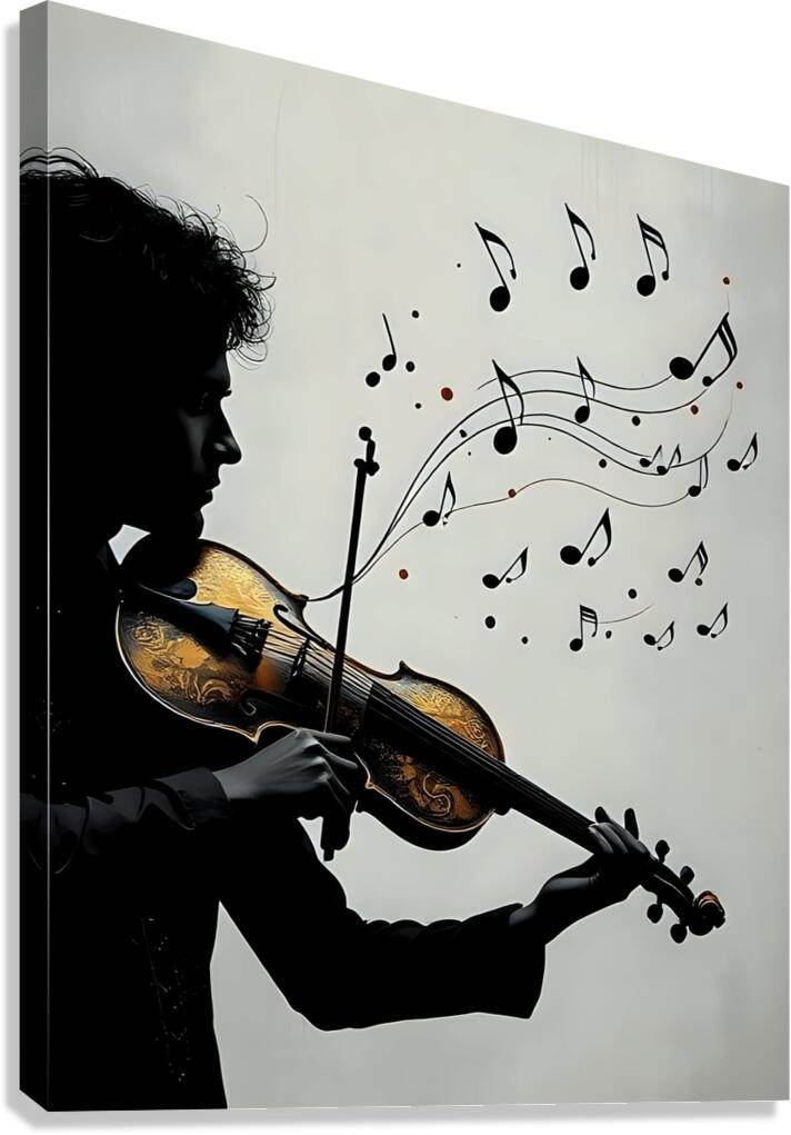 Silhouette violinist wall art with musical notes on stretched canvas