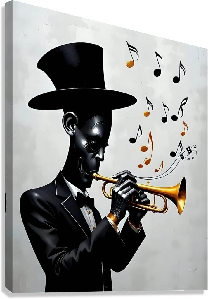 Jazz musician art print with black top hat and trumpet, surrounded by music notes.