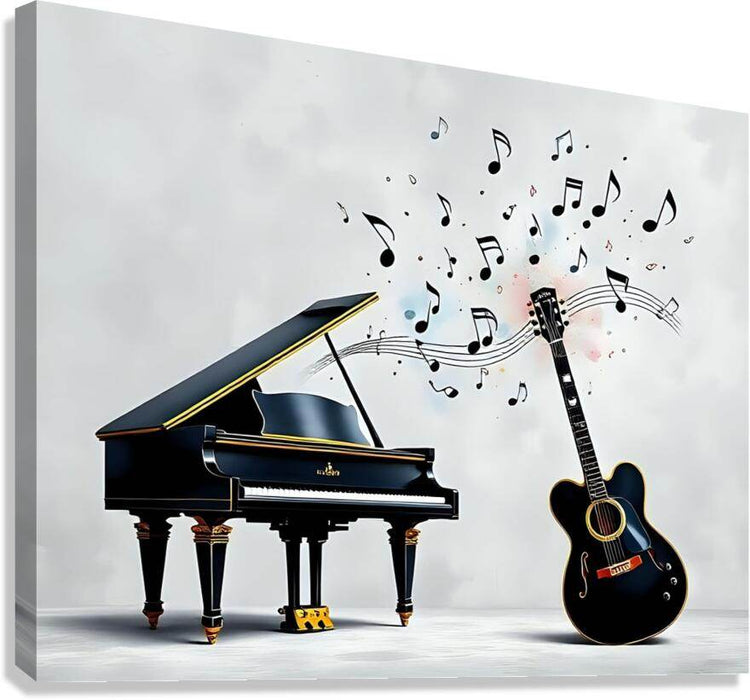 Music-themed stretched canvas art: black grand piano, acoustic guitar, musical notes