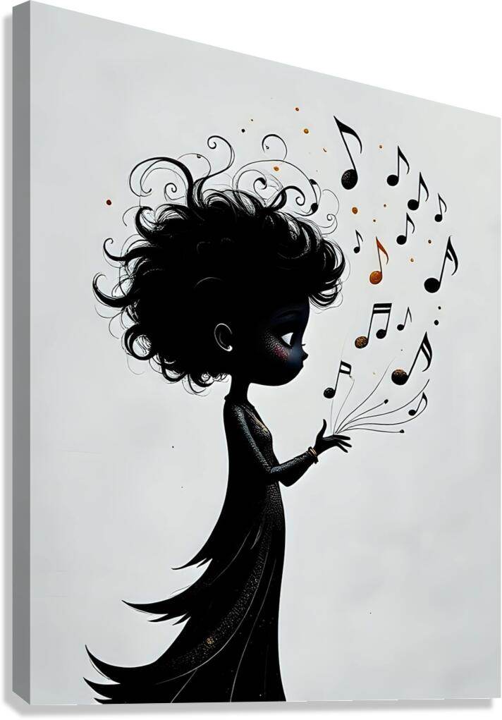 Black silhouette woman with curly hair, hand raised, music notes swirling on canvas