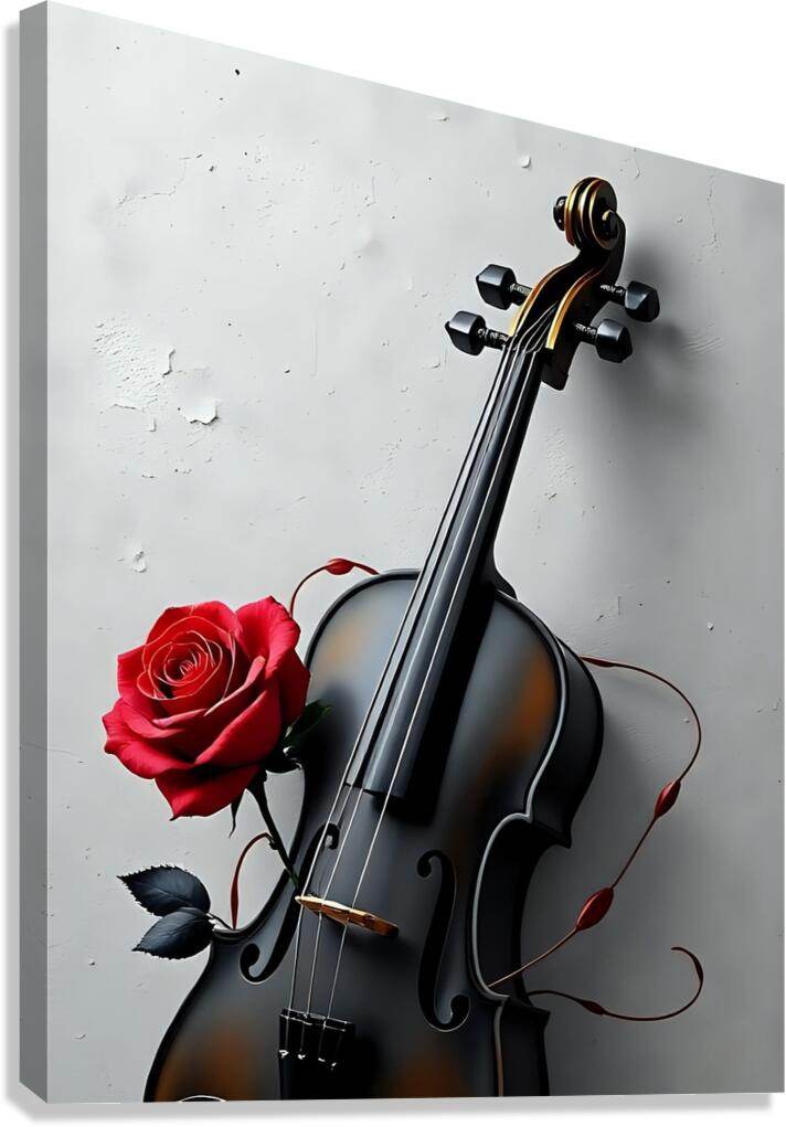 Violin wall art with red rose, dark strings, and swirling ribbon accents on a textured gray canvas