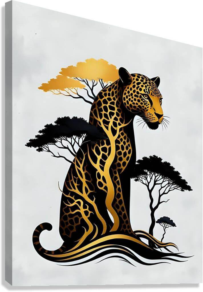 Jaguar wall art canvas print with black-and-gold spots, wavy ground, and tribal trees