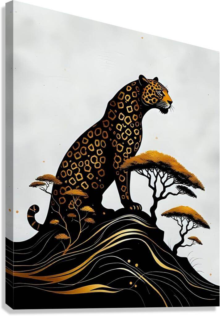 Stylized jaguar wildlife artwork with gold-and-black waves and tree silhouettes