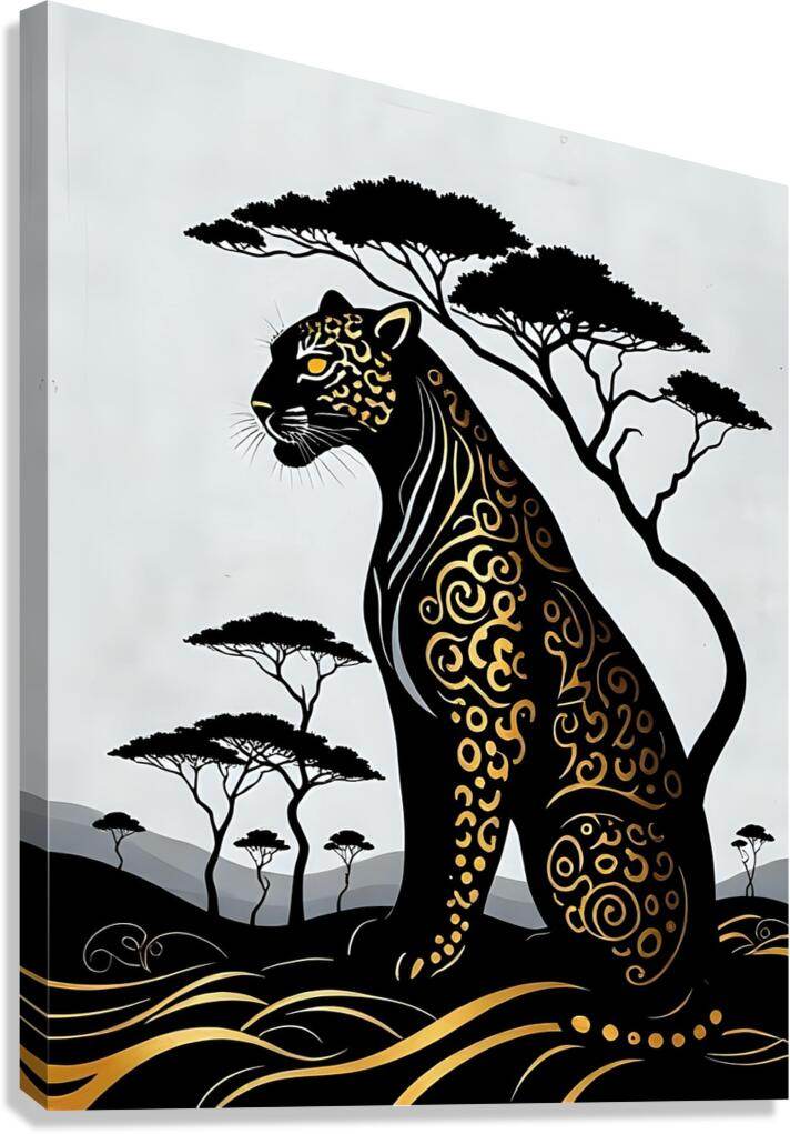 Leopard art print with golden swirling patterns and black trees, minimalist safari scene
