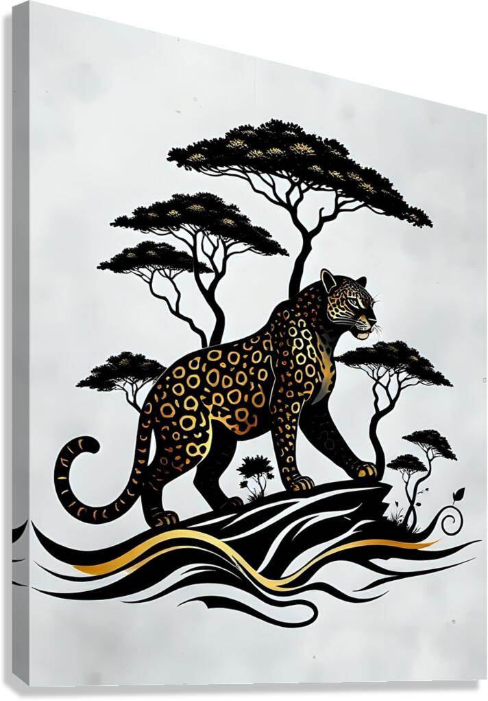 Leopard wall art print with black trees, gold spots, and flowing wave stripes