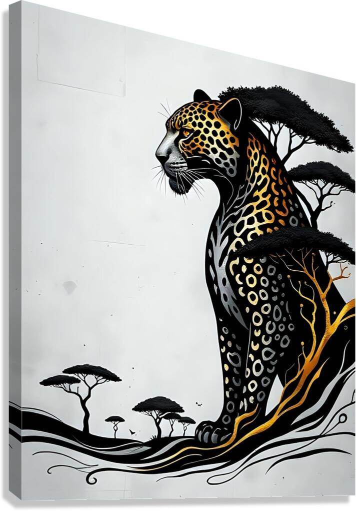 Jaguar wall art print with black-and-gold spots, stylized trees, and wavy ground linework